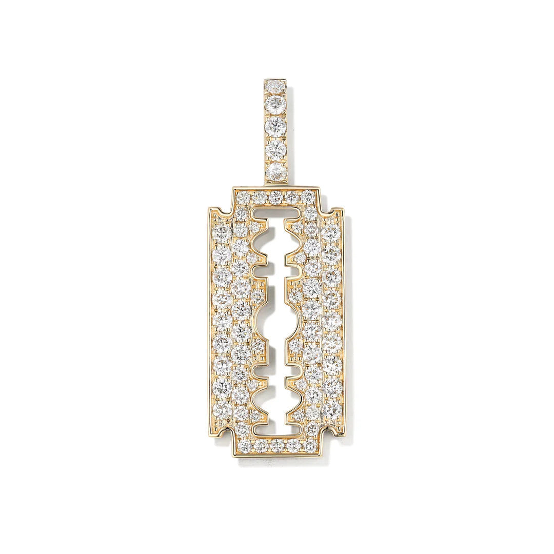 Medium-sized VS1 clarity diamond razor pendant, featuring a razor blade design crafted in 14KT yellow gold, adorned with F-G colored ethically sourced diamonds, meticulously handset along the edges. The pendant measures 35.5mm in height and 12mm in width, weighing 4 grams and sparkling with 1.02 carats of diamonds.